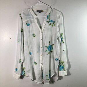 Womens‎ Figueroa & Flower V Neck Floral Button Shirt White Blue M Embroidered